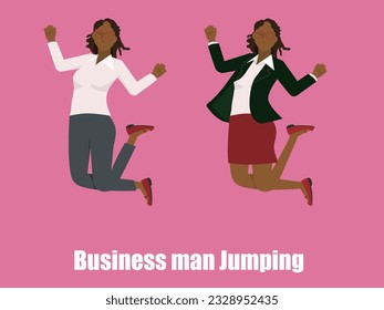flat illustration set of jumping black female businessmen in business suits. Image of success, leap, leap