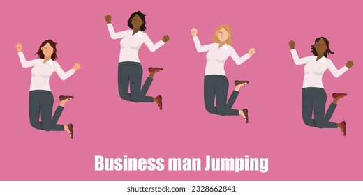 flat illustration set of jumping female businessmen of various races in business suits. Image of success, leap, leap.