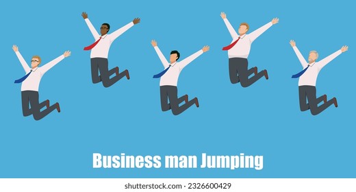 ilustraciones planas de hombres de negocios de diversas razas en trajes de negocios. Imagen de éxito, salto, salto.