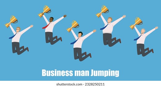 Flat illustration set of jumping multiethnic male businessmen holding trophies, winning cups in business suits.