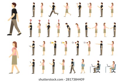Flat illustration: Set of a man and a woman in casual summer clothes (side view)