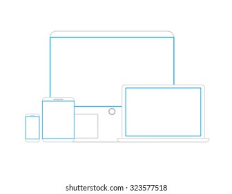 Flat illustration set of modern technology devices - computer monitor, laptop, digital tablet and mobile phone. Isolated on white background.