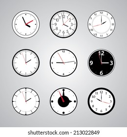 Flat illustration - set of nine vector clock, icons on gray background. Different design of clock face for web, print, game and postcard templates.