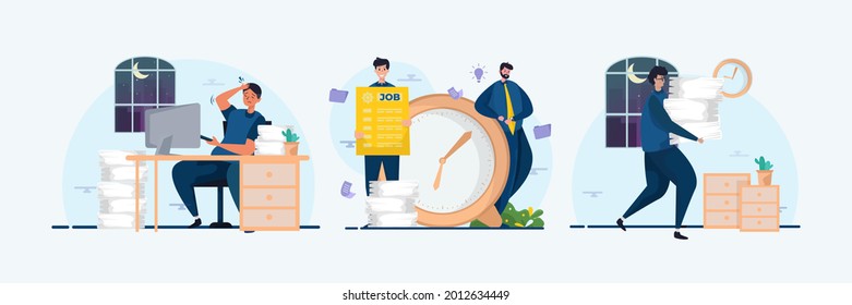 Flat illustration set of office business over work deadline concept