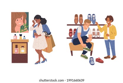 Flat illustration set of people doing shopping in boutique or mall. Woman buying perfumes and man shopping shoes in store.