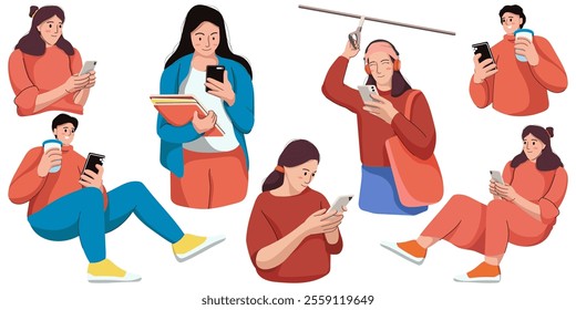 Flat illustration of set people holding mobile phone. Men, women use cellphones, surfing internet, chatting. Character with smart phones in hands. Flat illustration isolated on white background.