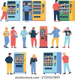 Flat illustration set of people using vending machines buying snacks drinks and coffee in modern urban automated retail lifestyle