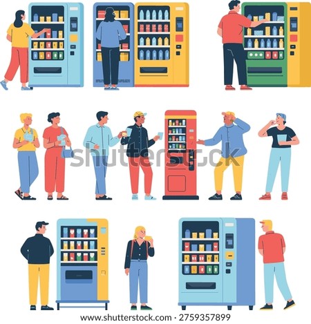 Flat illustration set of people using vending machines buying snacks drinks and coffee in modern urban automated retail lifestyle