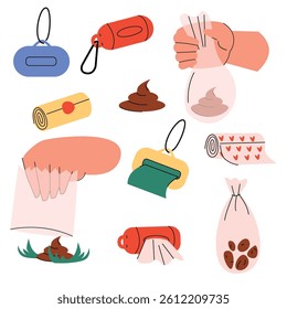 Flat illustration set of pet waste cleanup essentials poop bags, dispensers, hands using bags, sealed bags, and dog poop. Perfect for pet hygiene, responsible pet ownership, and dog walking tips