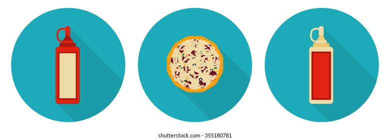Flat illustration set: flat pizza, ketchup bottle, mayo bottle