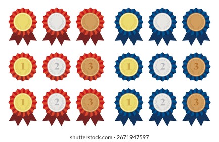 Flaches Illustrationssatz mit roten und blauen Farbbändern und Gold-, Silber- und Bronzemedaillen. Vektorgrafik auf weißem Hintergrund.