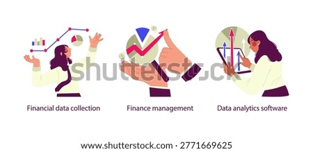 Flat illustration set showing financial data collection, finance management, and data analytics software, representing modern business analysis and decision-making.