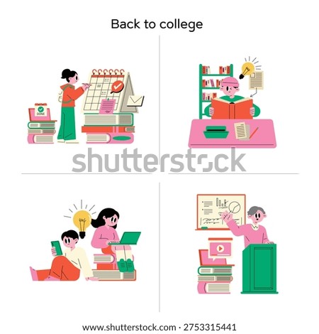 Flat illustration set of university life activities including a student planning a schedule on a calendar, reading in a library for ideas, collaborating with digital devices, and a professor giving a lecture at a podium, cute warm character design for education concepts.