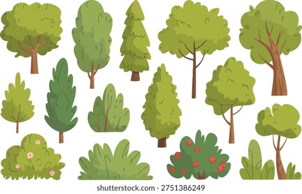 Flat illustration set of various trees and shrubs with green leaves and brown trunks, perfect for environmental themes.