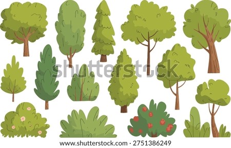 Flat illustration set of various trees and shrubs with green leaves and brown trunks, perfect for environmental themes.