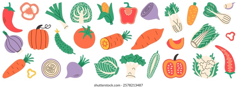 Flat illustration set of various vegetables including peppers, carrots, onions, cabbage, tomatoes, and more, ideal for healthy eating, cooking projects, and fresh food designs.