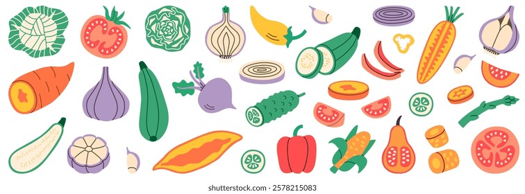 Flat illustration set of vegetables including tomatoes, carrots, onions, peppers, cabbage, zucchini, and more, perfect for healthy eating, cooking projects, and fresh food designs.