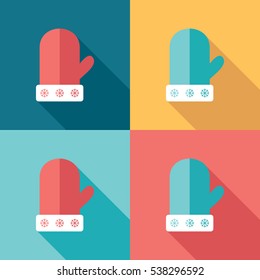 Flat Illustration Set of a Winter Glove. Long Shadow Icons