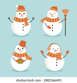 
Flat illustration set of winter snowmen dressed in different costumes.Christmas snowmen on blue background.