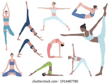 Flat Illustration Set Of Woman Doing Yoga Exercises. Vector Icons Of Various Yoga Positions Isolated On A White Background.