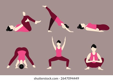 Flat Illustration Set of Women Practicing Various Yoga Poses – Fitness and Wellness Clipart for Exercise, Meditation, and Health Lifestyle Concepts
