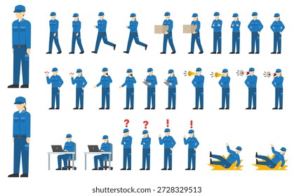 Flat illustration: Set of workers wearing blue work clothes and caps