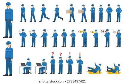 Flat illustration: Set of workers wearing blue work clothes and caps (with facial expressions)