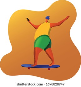 
Flat illustration with shadows. A guy with blue hair rides on a blue skateboard with a smartphone in his hand in yellow
T-shirt and green shorts on an orange background