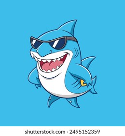 flat illustration shark use sunglass angry face