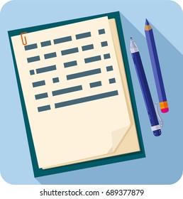 Flat illustration of sheets of paper and pen