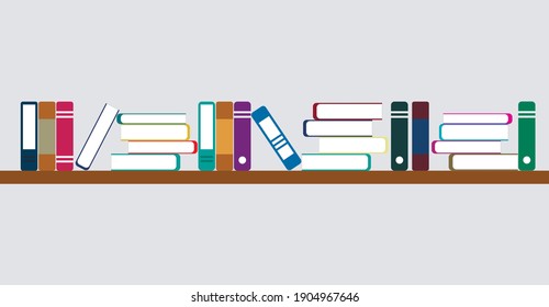 flat illustration of a shelf with books. vector paper books standing on the shelf. wooden shelf on the wall. stacks of books to read
