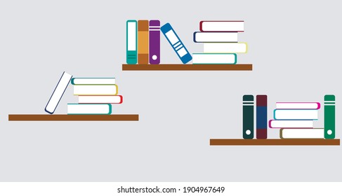 flat illustration of a shelf with books. vector paper books standing on the shelf. wooden shelf on the wall. stacks of books to read