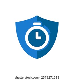 Flat illustration of a shield with stopwatch, symbolizing time efficiency, protection, punctuality assurance, on time guarantee. for concepts of time management, deadline security, and timely service