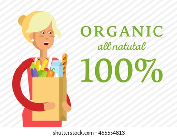 Flat illustration for shop, supermarket. Vector character woman with supermarket basket full of meal. Healthy eating and eco food in supermarket. Daily purchases.