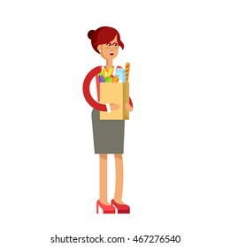 Flat illustration for shop, supermarket. Vector character woman with supermarket basket full of meal. Healthy eating and eco food in supermarket. Daily purchases.