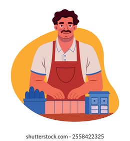 A flat illustration of a shopkeeper selling things 

