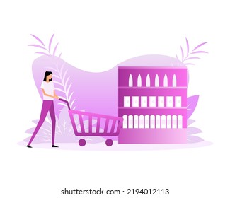 Flat illustration with shopping food people. Online shopping. Online market