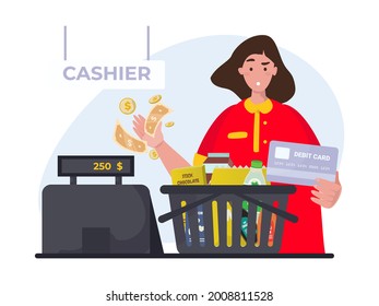 Flache Illustration des Einkaufs per Barzahlung oder Debitkarte für ui-Kits, Banner oder Poster-Konzept