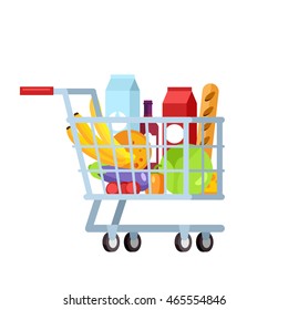 Flat Illustration Shopping Trolley Full Of Fruit And Vegetable Isolated In White Background. Daily Supermarket Purchases. Healthy And Organic, Fresh Food.