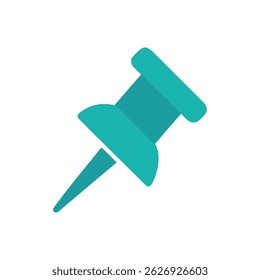 Uma ilustração plana exibe um pino azul-petróleo contra um fundo branco. O estilo é simples e gráfico.