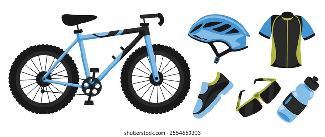 A flat illustration showcasing essential cycling gear: a mountain bike, helmet, jersey, shoes, sunglasses, and water bottle. Perfect for adventure.