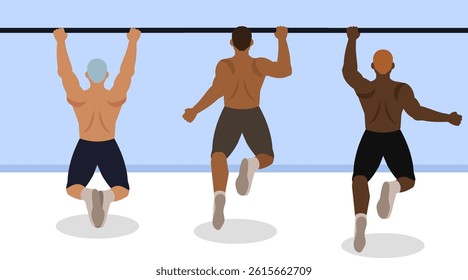 Flat illustration showcasing three men with different ethnicities doing pull-ups for sstk Wellness