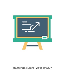 Flat illustration showing a blackboard with an arrow graph trending upwards. The style is simple and graphic.