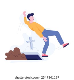 A flat illustration showing a boy with death fear falling in grave 