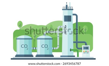 Flat illustration showing carbon capture and storage facility with CO2 tanks, pipes, and industrial tower for green clean energy technology and environment protection