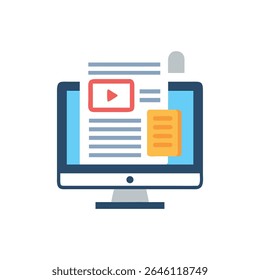 Uma ilustração simples mostrando um computador com conteúdo digital na tela, incluindo elementos de vídeo e texto para comunicação.