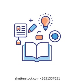 Flat illustration showing creative process and learning using stylized book, pencil, and lightbulb icons in central symmetrical composition.