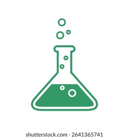 flat illustration showing an erlenmeyer flask containing a bubbling green liguid on a white background