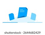 Flat illustration showing flying documents transferring from one location to another. Concept of data transfer, file sharing, data migration, cloud sync, or digital communication