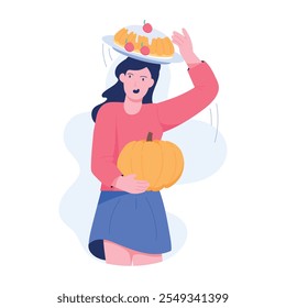 A flat illustration showing girl carrying thanksgiving pie and pumpkin 